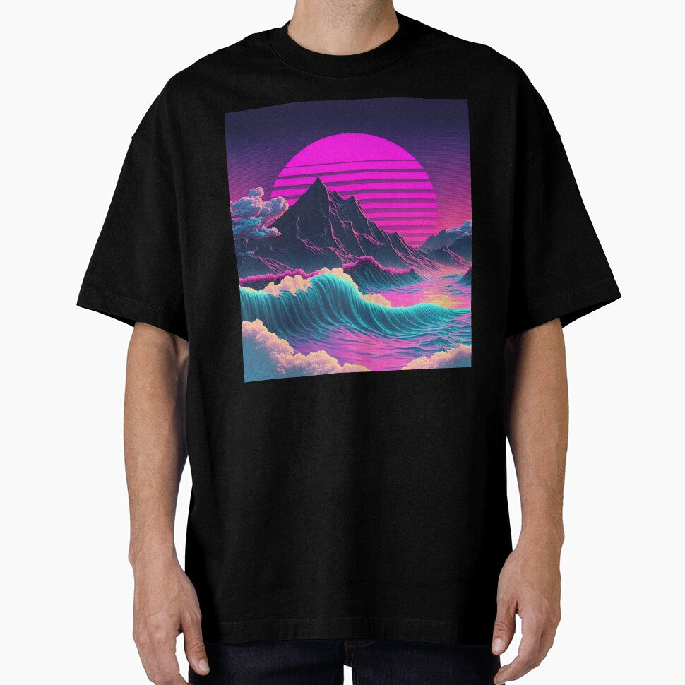 Coastal Cosmos: A Vaporwave Sunset Overlooking the Ocean by Mullet Monkey T-Shirts, Hoodie, Sweatshirt (Image 1)