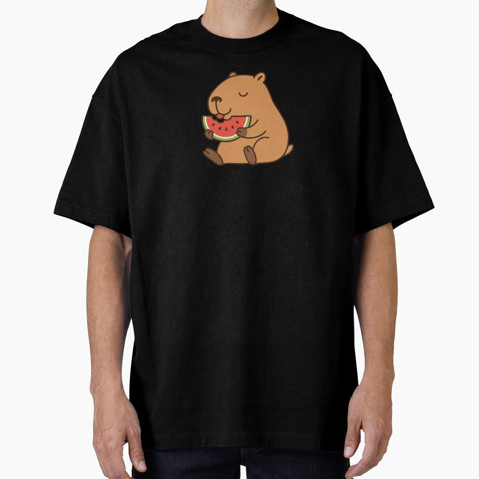 Happy Capybara Eating Watermelon Minimalist Cartoon T-Shirts, Hoodie, Sweatshirt