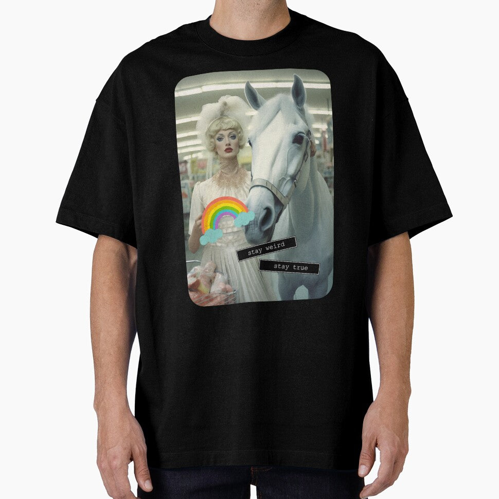 Stay Weird - Stay True - Woman with a Horse in a Supermarket Indie Art Print by Alcyonian T-Shirts, Hoodie,... (Image 1)
