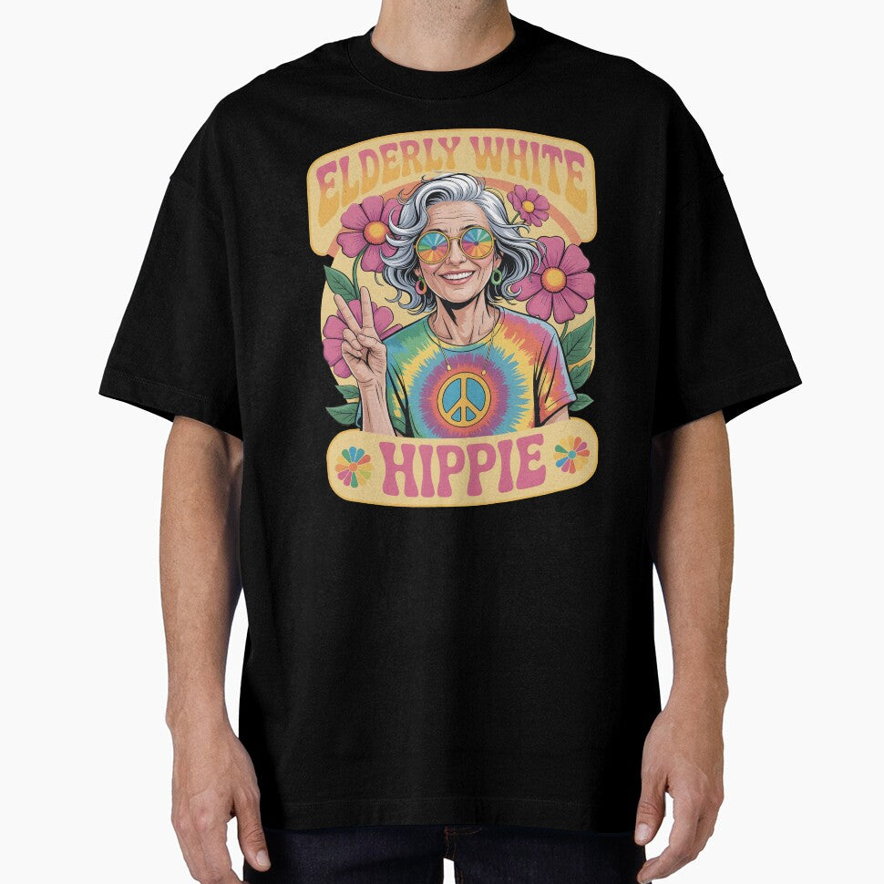 Elderly White Hippie Woman Groovy Retro Flower Power by SkymarArt T-Shirts, Hoodie, Sweatshirt | BlankRebels.com (Image 1)