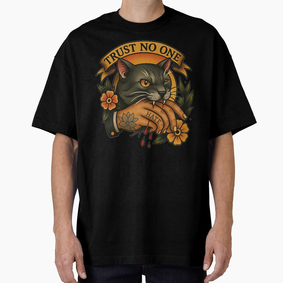 “Wild Cat Old School Tattoo – Trust No One Vintage Cat Biting Hand Design” by SPKNarg T-Shirts, Hoodie, Sweatshirt (Image 1)