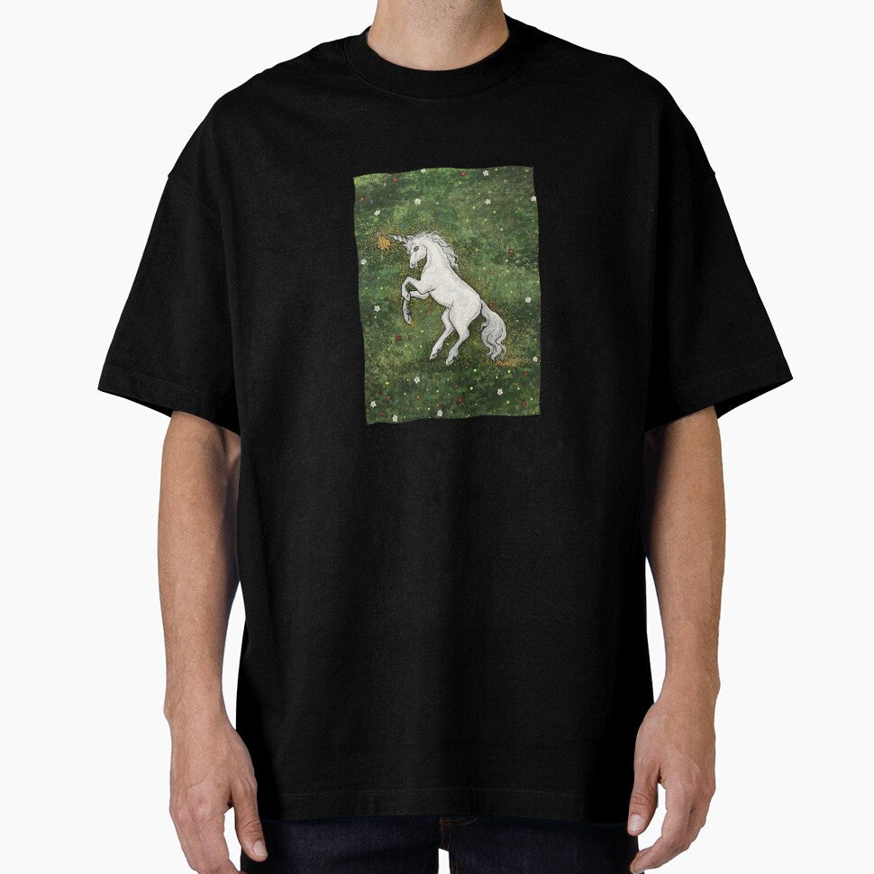 Dancing unicorn with elf against a millefleurs background by creaphyl28 T-Shirts, Hoodie, Sweatshirt (Image 1)