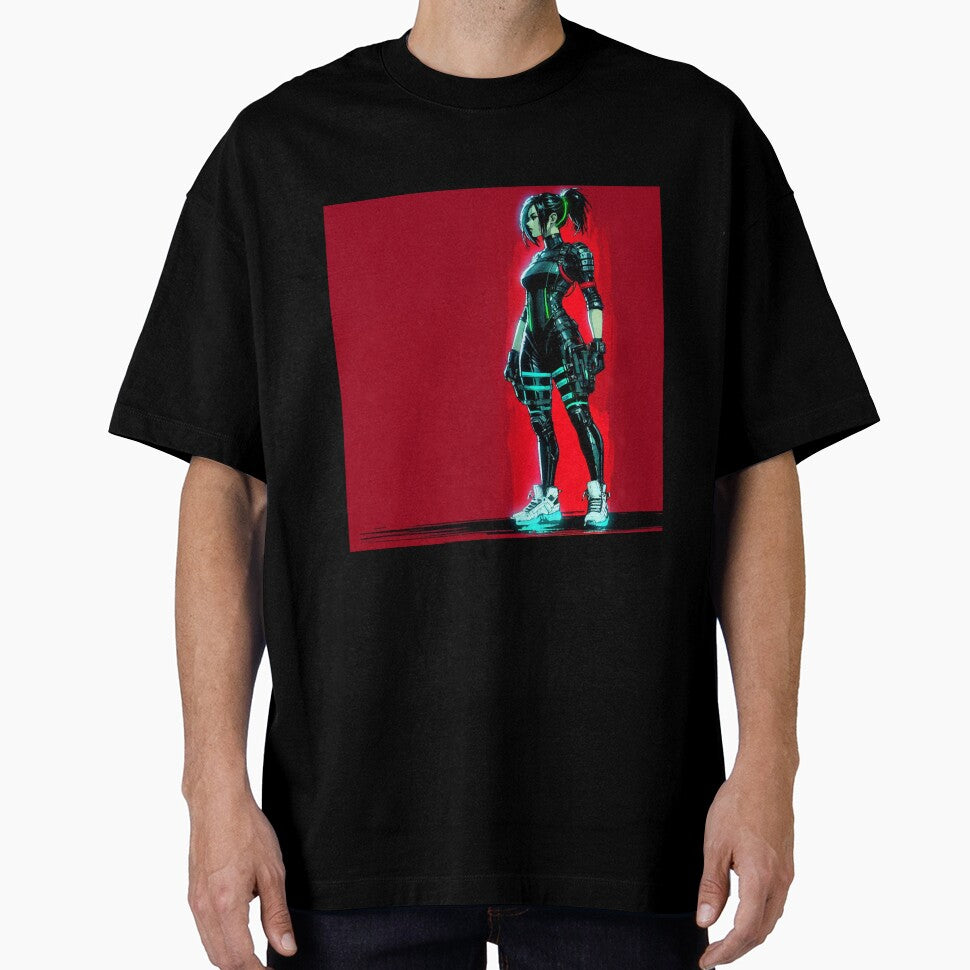 Cyberpunk Neon Girl Warrior, Red and Black by RESToRAPTOR T-Shirts, Hoodie, Sweatshirt | BlankRebels.com (Image 1)