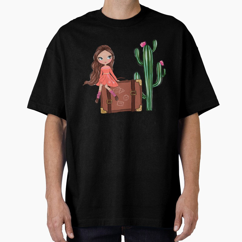Boho style cute girl with cactus girly illustration by Lalanacliparts