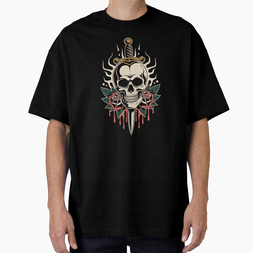 Skull Dagger Flames and Roses Gothic Skull Art Gift by Say It With Ink