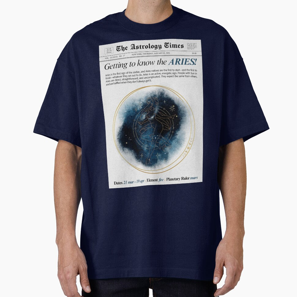 Aries Zodiac Newspaper Style Print – Black & White by SaltedBeachPaperie T-Shirts, Hoodie, Sweatshirt (Image 1)