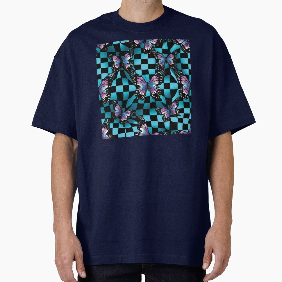 Y2K Butterflies on a Vibrant Checkered Optical Illusion Mesh by EmilyFNM3D T-Shirts, Hoodie, Sweatshirt (Image 1)