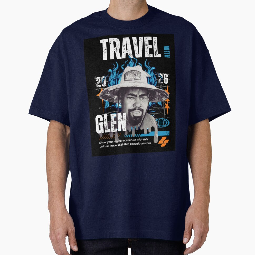 Travel With Glen V3 Blue bk-bg – Signature Travel Portrait Art | Adventure, Explorer & World Traveler Design by... (Image 1)