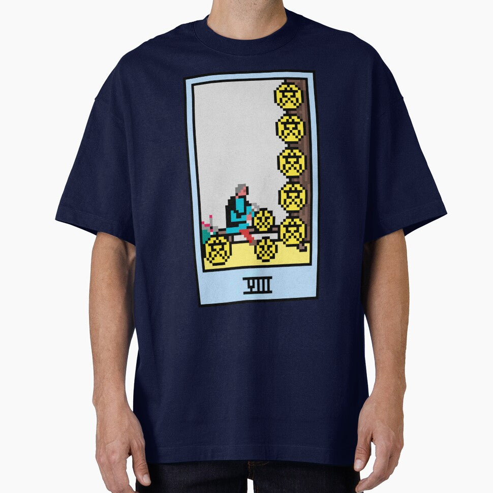 Wait, is this pixel art tarot? Green - Minor Arcana 'Eight  of Pentacles' (Design for T-shirt, stickers and... (Image 1)
