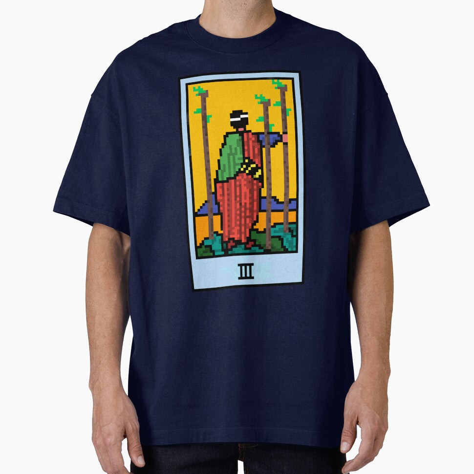 Wait, is this pixel art tarot? Blue - Minor Arcana 'Three of Wands' (Design for T-shirt, stickers and other... (Image 1)