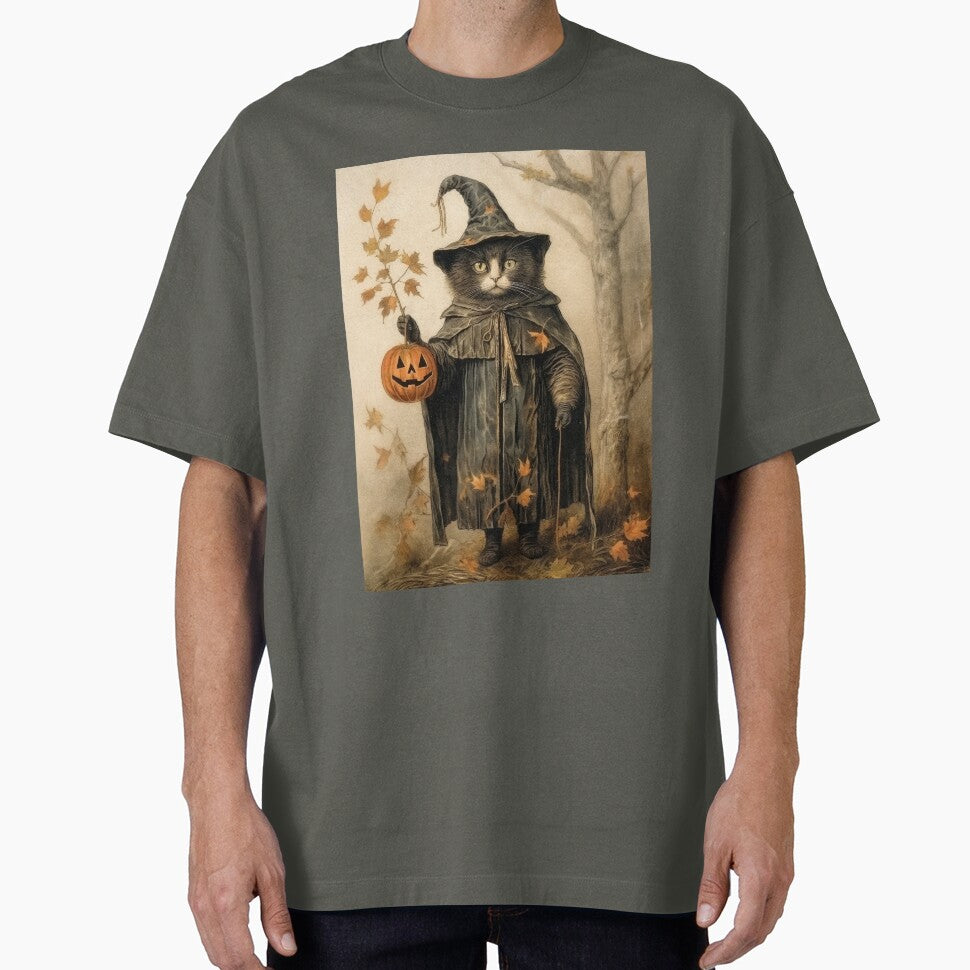 Vintage Halloween Cat Holding a Pumpkin - Spooky Halloween Decor For The Fall Season by AlanPhotoArt T-Shirts,... (Image 1)