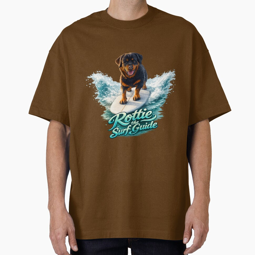 Rottie the Surf Guide – Cool Rottweiler Surfing Dog Art Print by PixelsPaws