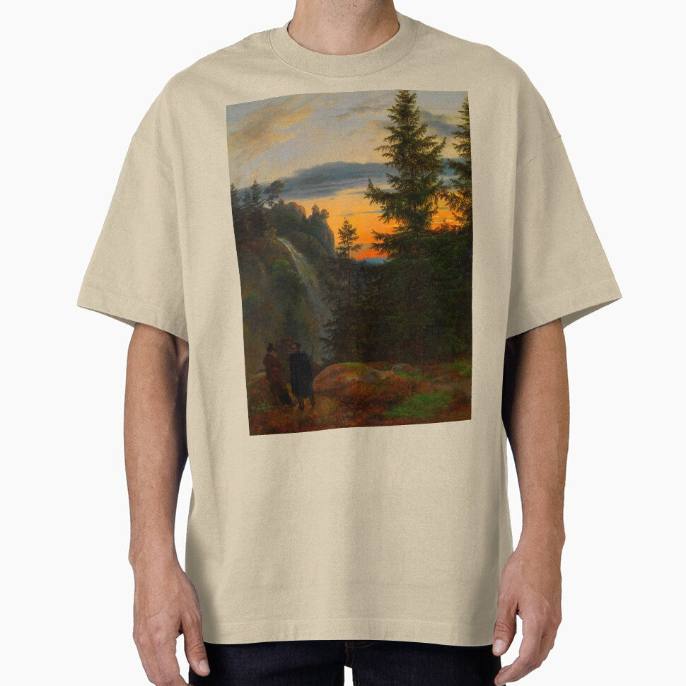 Sunset painting, Sunset Artwork, Two Men before a Waterfall at Sunset by danaJG T-Shirts, Hoodie, Sweatshirt (Image 1)