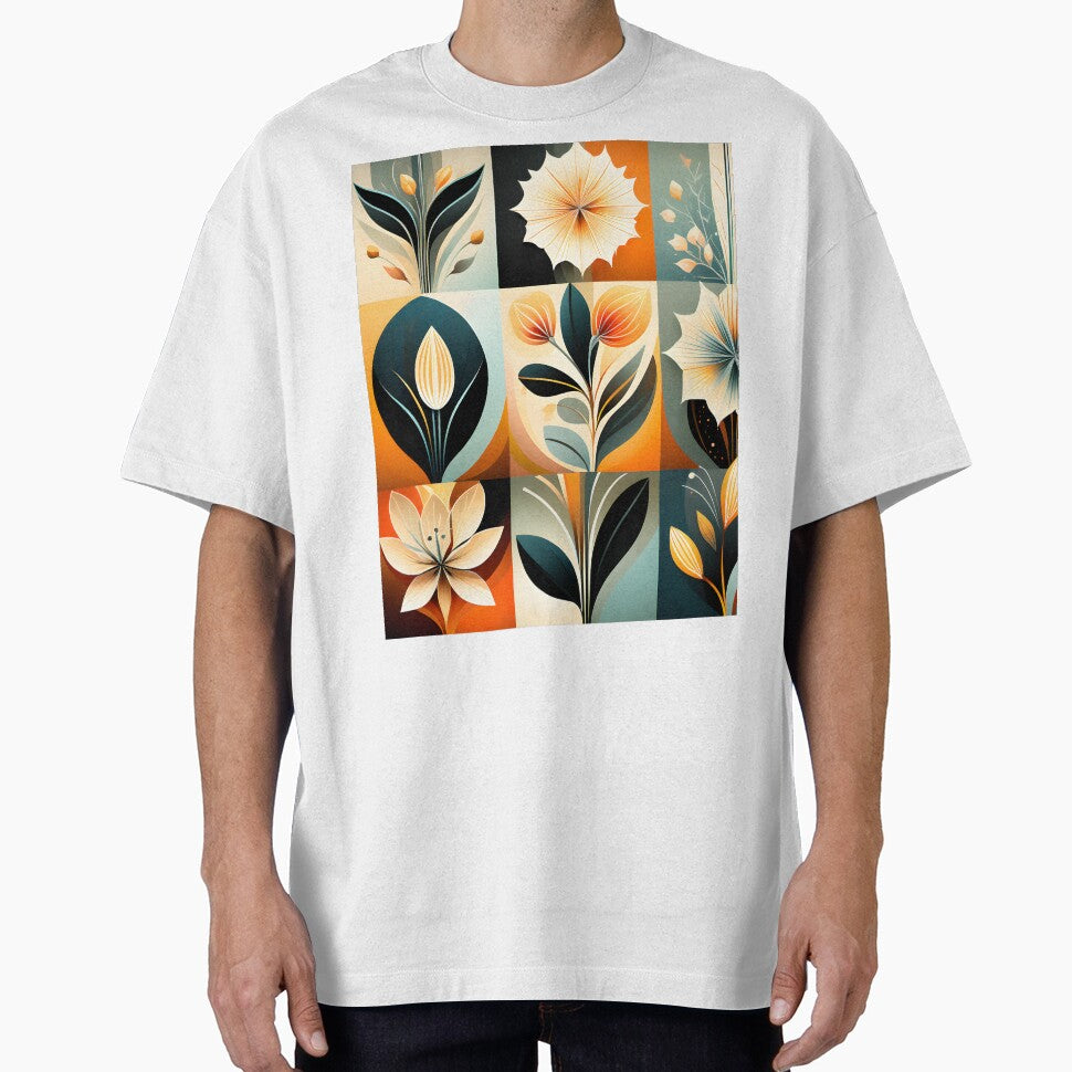 Mid Century Botanical Retro Geometric Leaves  Florals  Tangerine, Yellow by Prints and Lifestyle T-Shirts,... (Image 1)