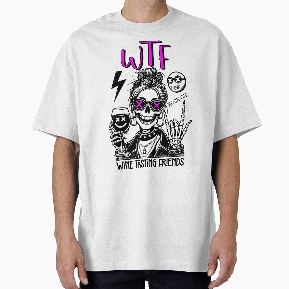 Funny Skeleton “WTF Wine Tasting Friends” | Rock On Skull with Wine Glass by FunnyTeeByMe T-Shirts, Hoodie,... (Image 1)