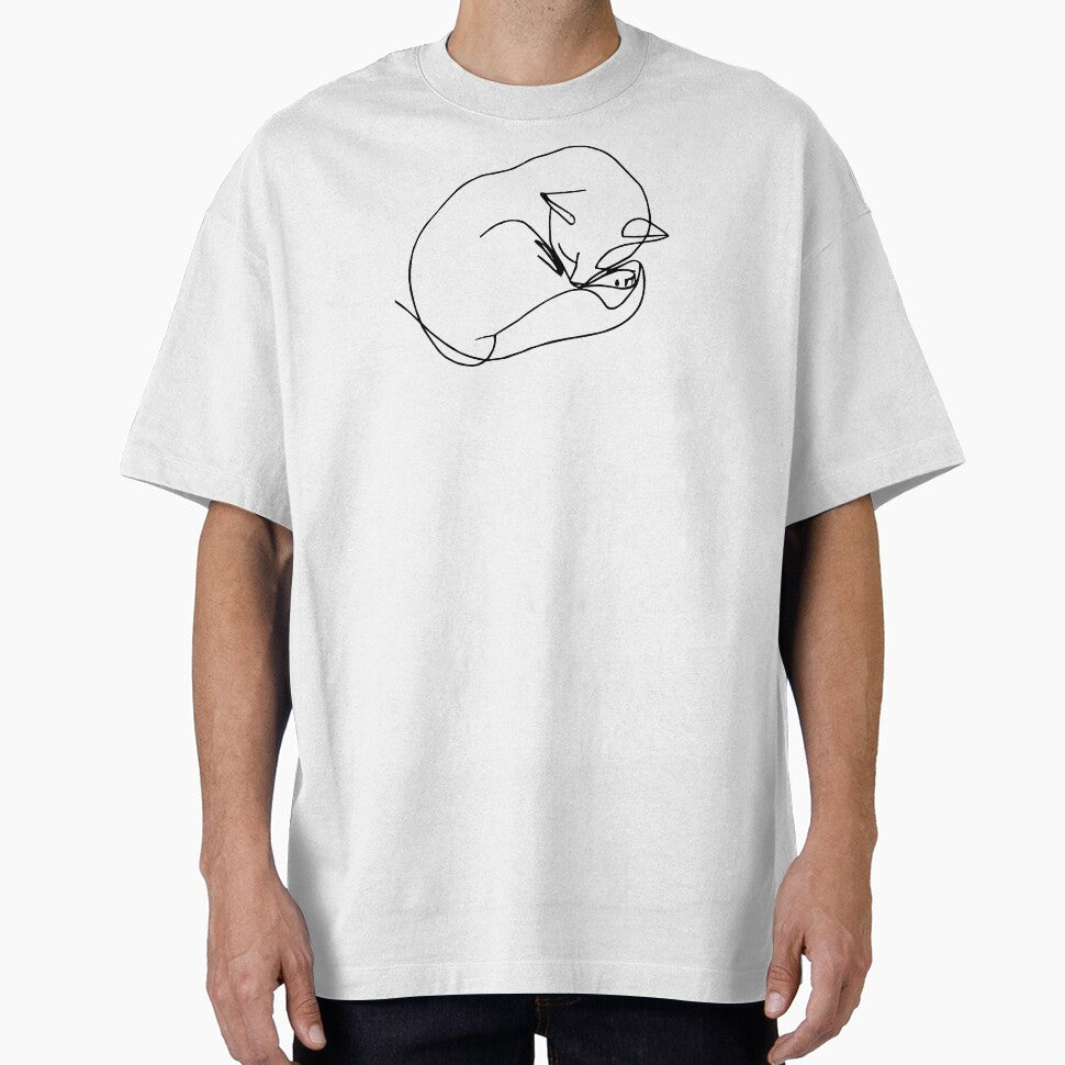 Curled Up Cat Nap - one line drawing style kitten art by Sarah Rosie Studios T-Shirts, Hoodie, Sweatshirt (Image 1)