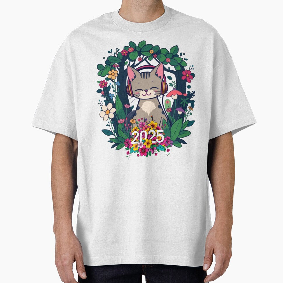 Cute Cat with Headphones – Listening to Music in Flower Forest – 2025 Floral Design T-shirt – Adorable Cat... (Image 1)