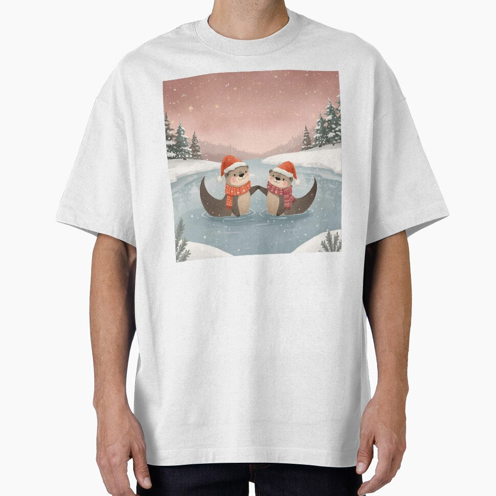 Otters Holding Hands on Ice – Whimsical Winter Christmas Art by WildlifeWhimsy T-Shirts, Hoodie, Sweatshirt (Image 1)