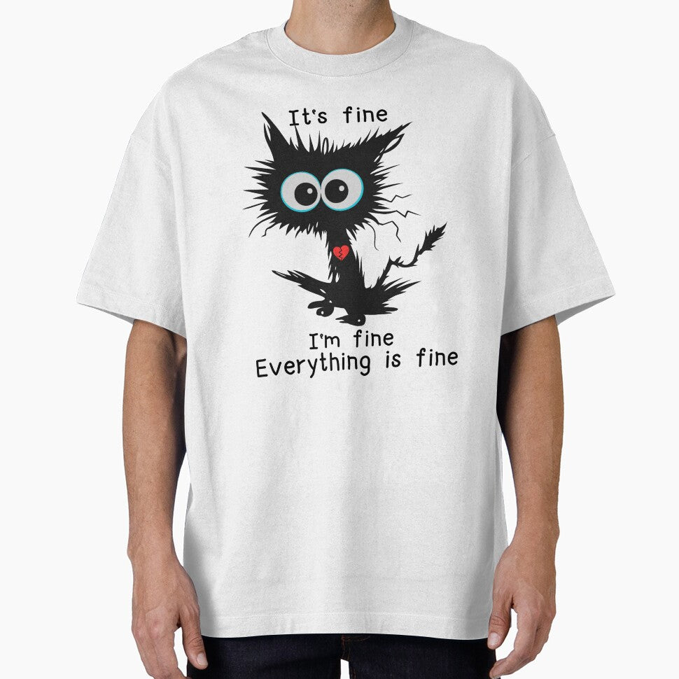 Sarcastic Black Cat with Broken Heart: "It's Fine. I'm Fine. Everything is Fine." - Anxiety Humor Design by... (Image 1)