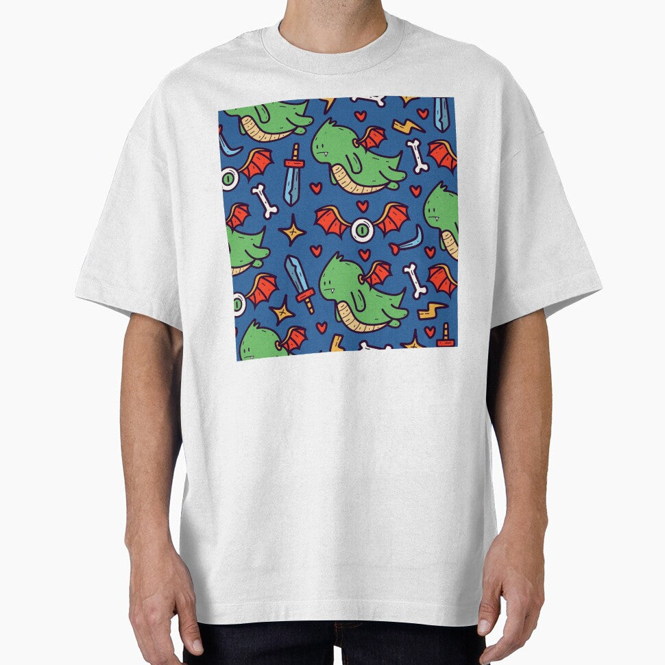 Hand Drawn Doodle Cartoon Dragon Seamless Pattern Design by Peekonet T-Shirts, Hoodie, Sweatshirt | BlankRebels.com (Image 1)