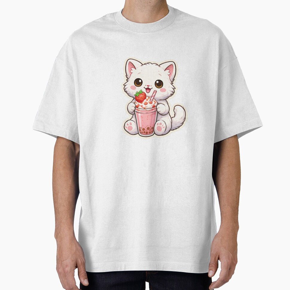 Cute Cat Drinking Strawberry Milkshake – Kawaii Cat Boba Lover Sticker by MrDev