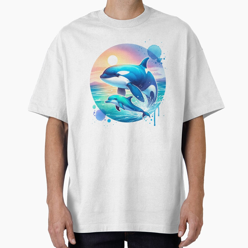 Orca & Dolphin Watercolor Splash Art – Tranquil Ocean Serenity by MTeesGA