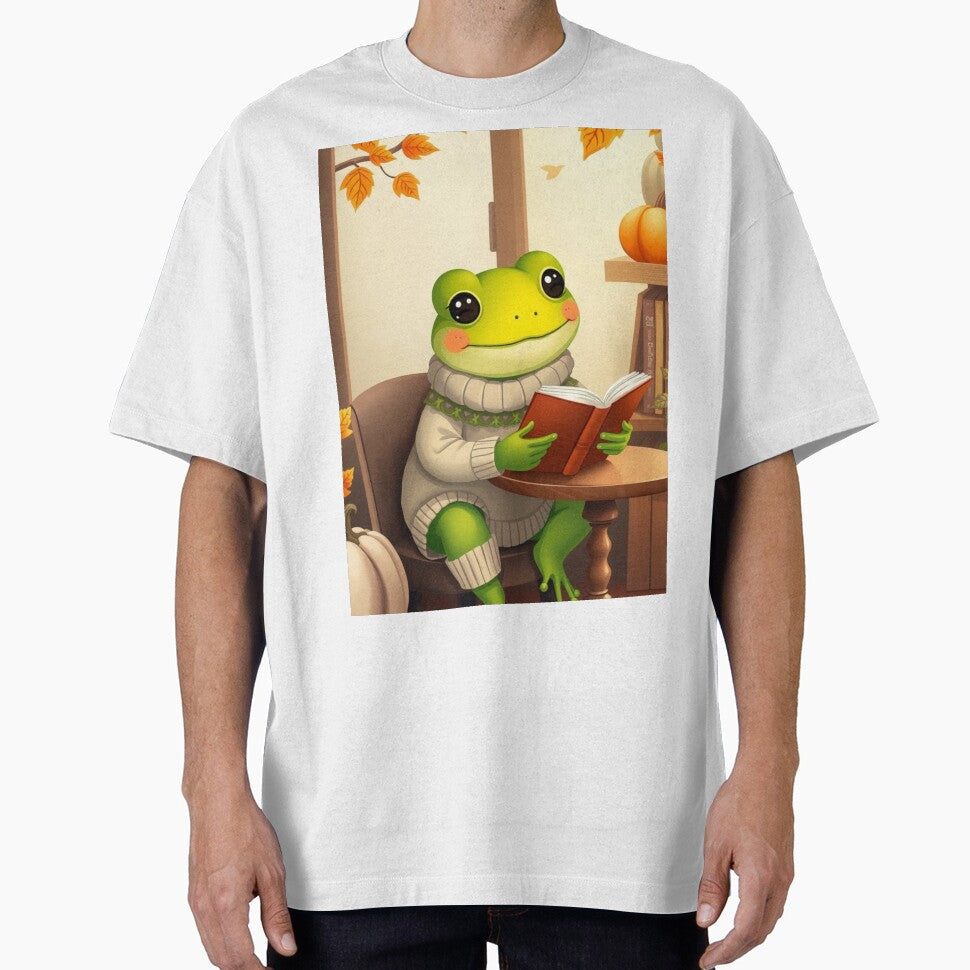 Cozy Cottagecore Frog T-Shirt | Frog Reading Book | Cute Autumn Graphic Tee by ArmaanArts Hoodie, Sweatshirt (Image 1)