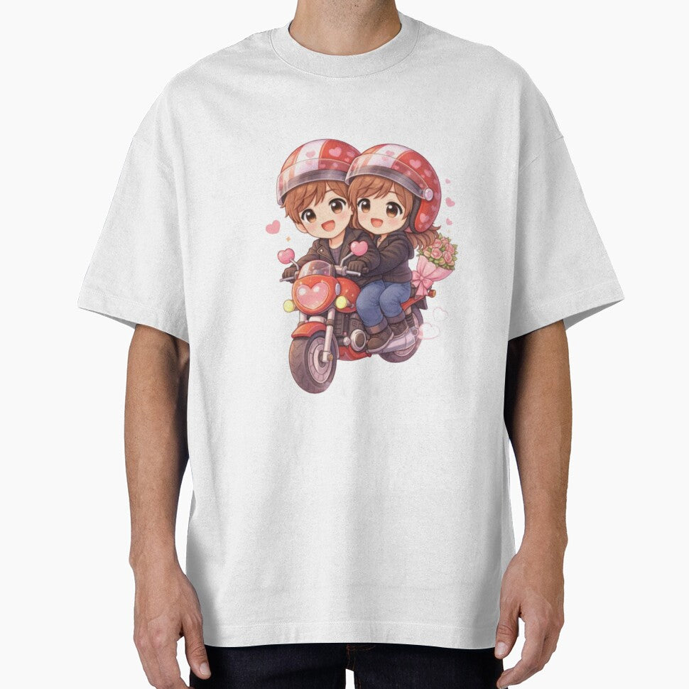 Cute Valentine Biker Couple – Chibi Romantic Illustration with Flowers by MysticPurpleHue T-Shirts, Hoodie,... (Image 1)
