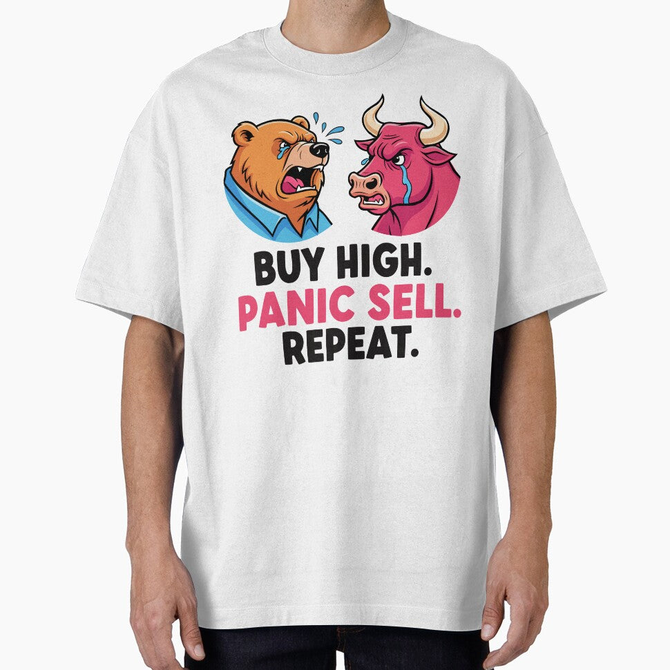 Buy High, Panic Sell – Funny Investing T-Shirt by Mighty Tees Hoodie, Sweatshirt | BlankRebels.com (Image 1)