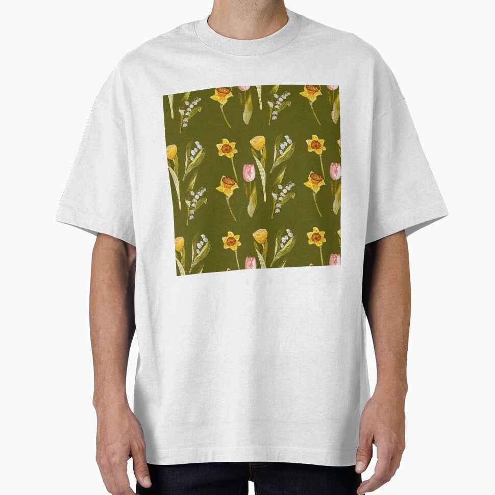 Daffodil tulip snowdrop Easter a seamless pattern green by Yana Mustafina | Boho Soulful Designs T-Shirts,... (Image 1)