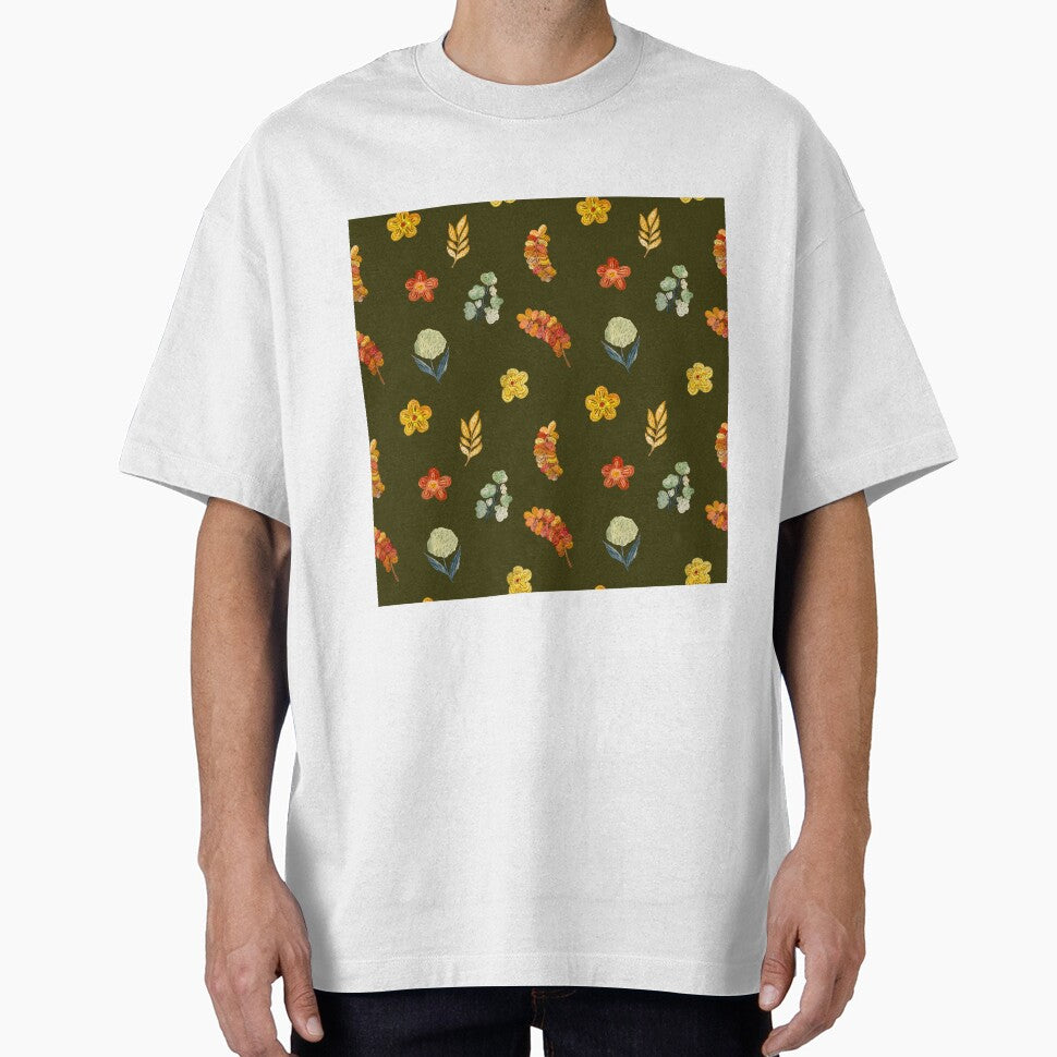 Flower red green orange simple seamless pattern green by Yana Mustafina | Boho Soulful Designs T-Shirts,... (Image 1)