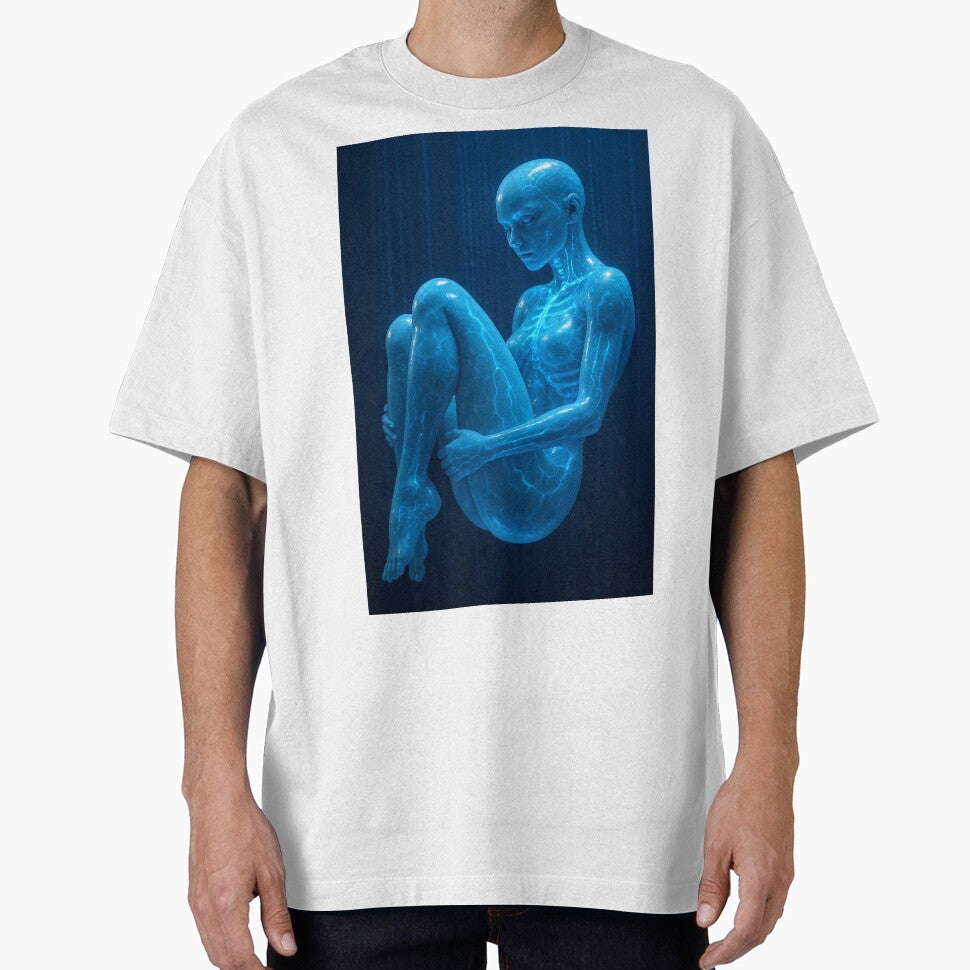 Blue figure hugs knees in digital rain by CathryneDelamort T-Shirts, Hoodie, Sweatshirt | BlankRebels.com (Image 1)