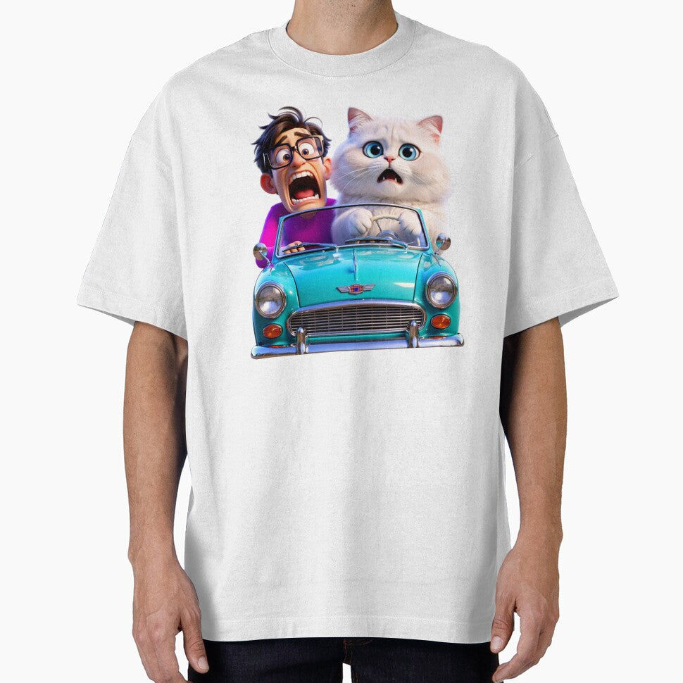 Funny Man and Fluffy Cat in Vintage Convertible by Zippy's Page
