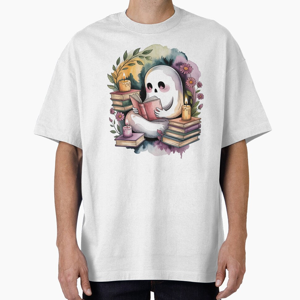 Whimsical Book Nook Ghost Shirt Reading Ghost Watercolor Tattoo Tee Dark Academia Cozy Top for Book Lovers... (Image 1)