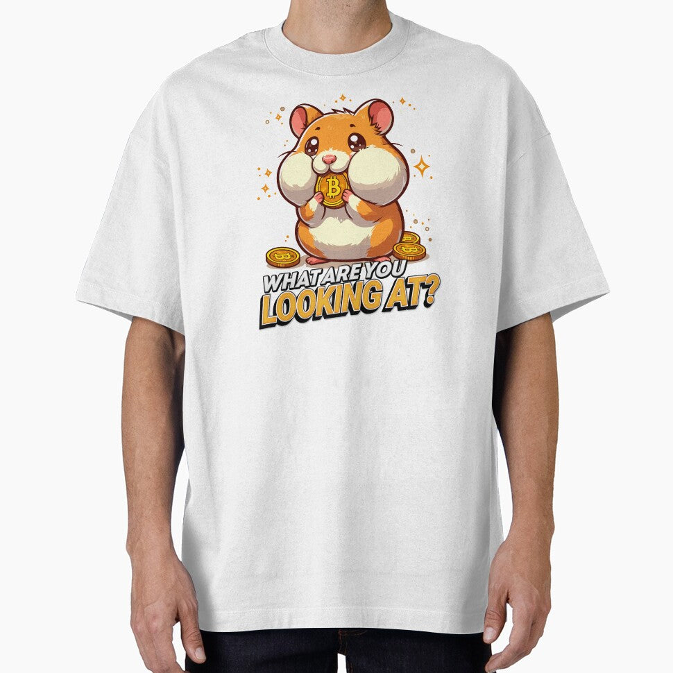 What are you looking at? A cute hamster stuffing his cheeks with Bitcoins by CryptoFunMerch T-Shirts, Hoodie,... (Image 1)