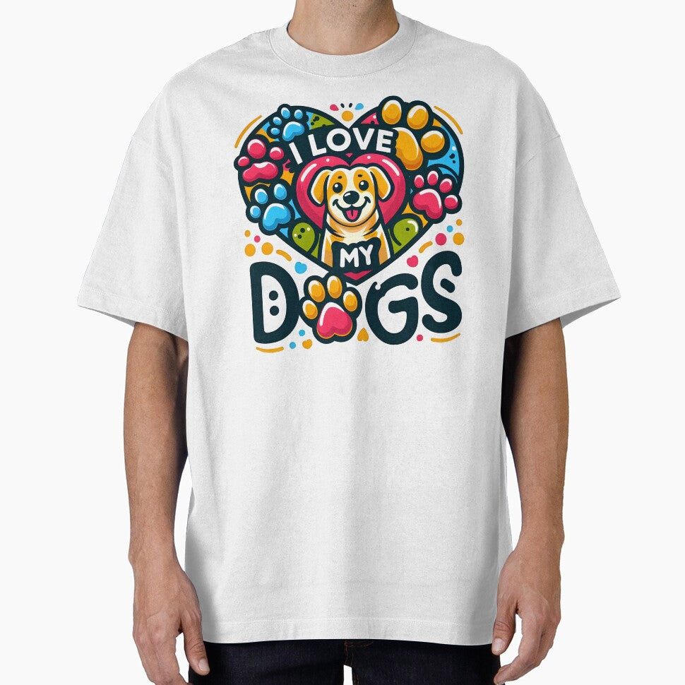 Cute Dog Illustration with "I Love My Dogs" Heart and Paw Prints. by The-T-In-Retro