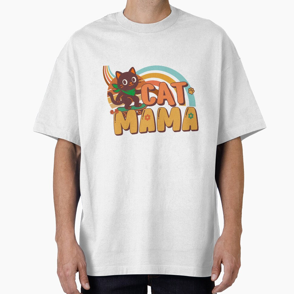 Retro Cat Mama – Cute Vintage Cat on Skateboard with Rainbow Background | Retro Aesthetic Cat Illustration by... (Image 1)