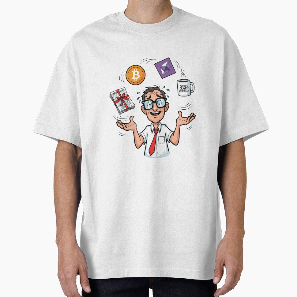 Crypto Accountant Meme – Juggling Bitcoin, Ethereum, IRS Forms & Coffee (Funny T-Shirt) by vibezy Hoodie,... (Image 1)