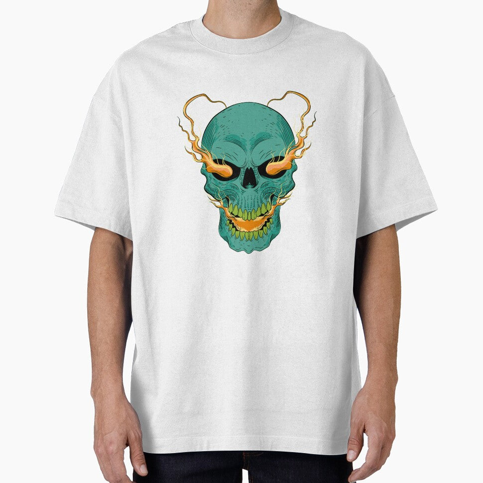 Teal Flaming Skull with Fire Eyes Dark Fantasy Art by Horrify T-Shirts, Hoodie, Sweatshirt | BlankRebels.com (Image 1)