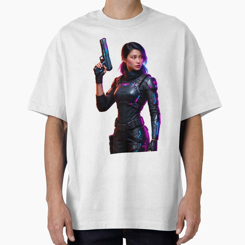Female Cyberpunk Ninja with handgun looking by aykiradesigns