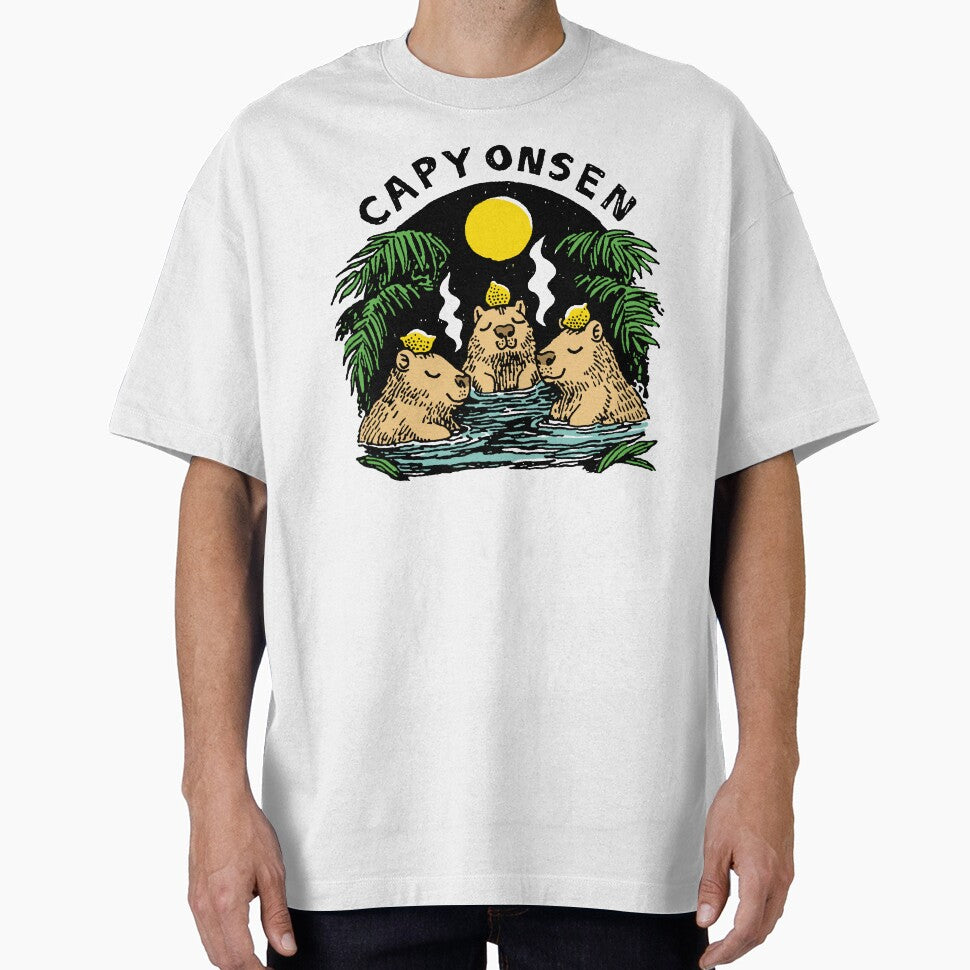 Capy Onsen - Three Capybaras with Lemons in a Moonlit Hot Spring by trajeado14 T-Shirts, Hoodie, Sweatshirt (Image 1)