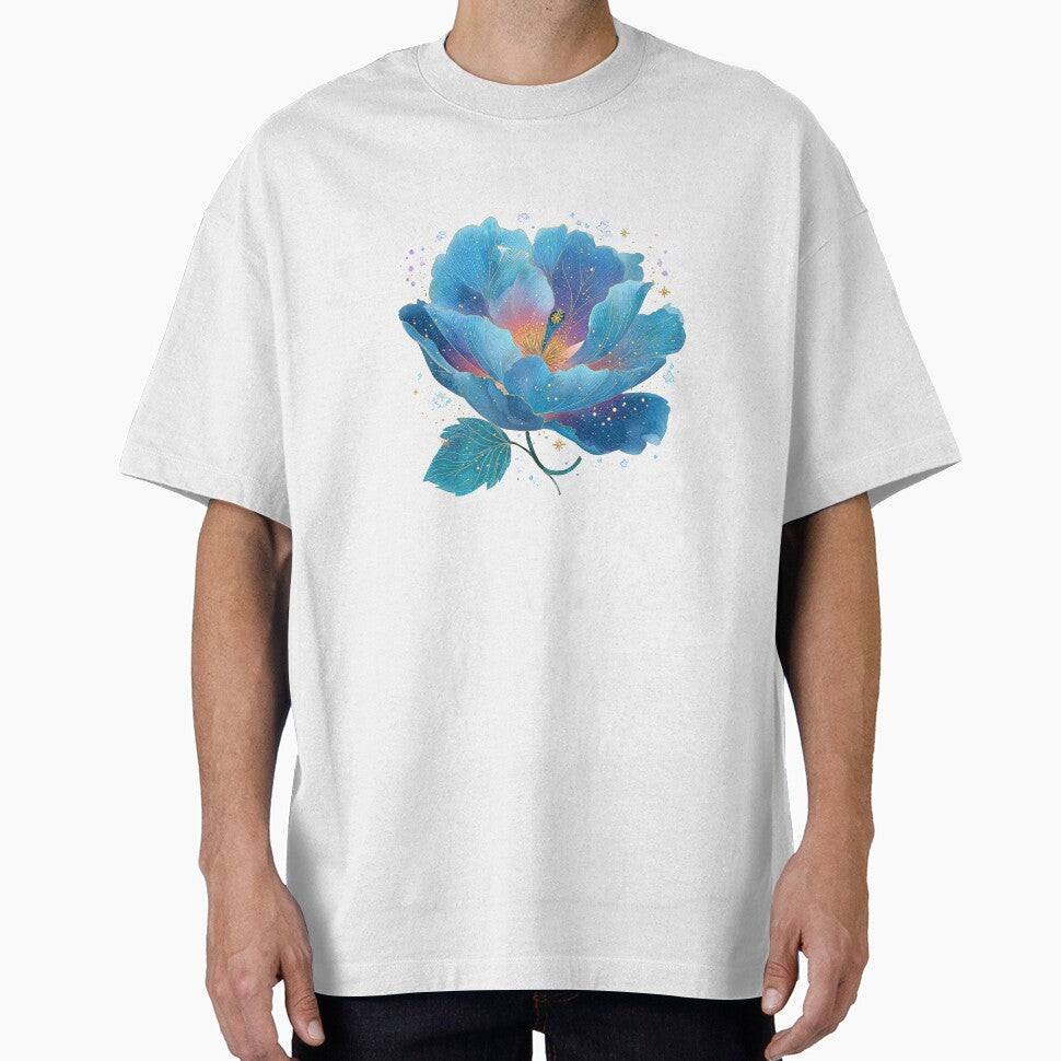 A blooming flower with soft blue petals and delicate gold glitter floating around it. Perfect for stickers,... (Image 1)