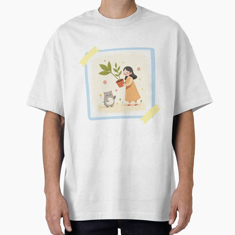 Cute Girl and Chubby Cat with Potted Plant – Wholesome Kawaii Nature Art by Kimagure13 T-Shirts, Hoodie, Sweatshirt (Image 1)