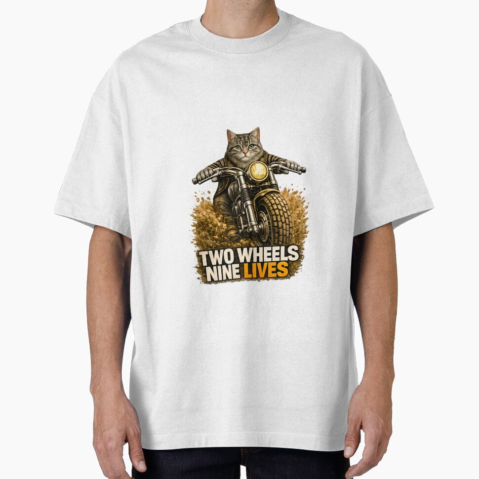 Gray Tabby Cat Motorcycle Art – Two Wheels Nine Lives Biker Cat Print Design by PixelsPaws