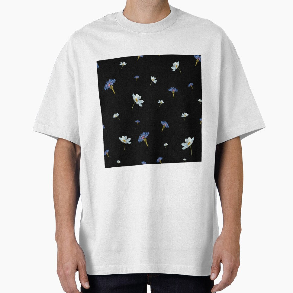 Flower Blue Daisy Pattern Seamless Watercolor Black Yana Mustafina Boho Soulful T-Shirts, Hoodie, Sweatshirt