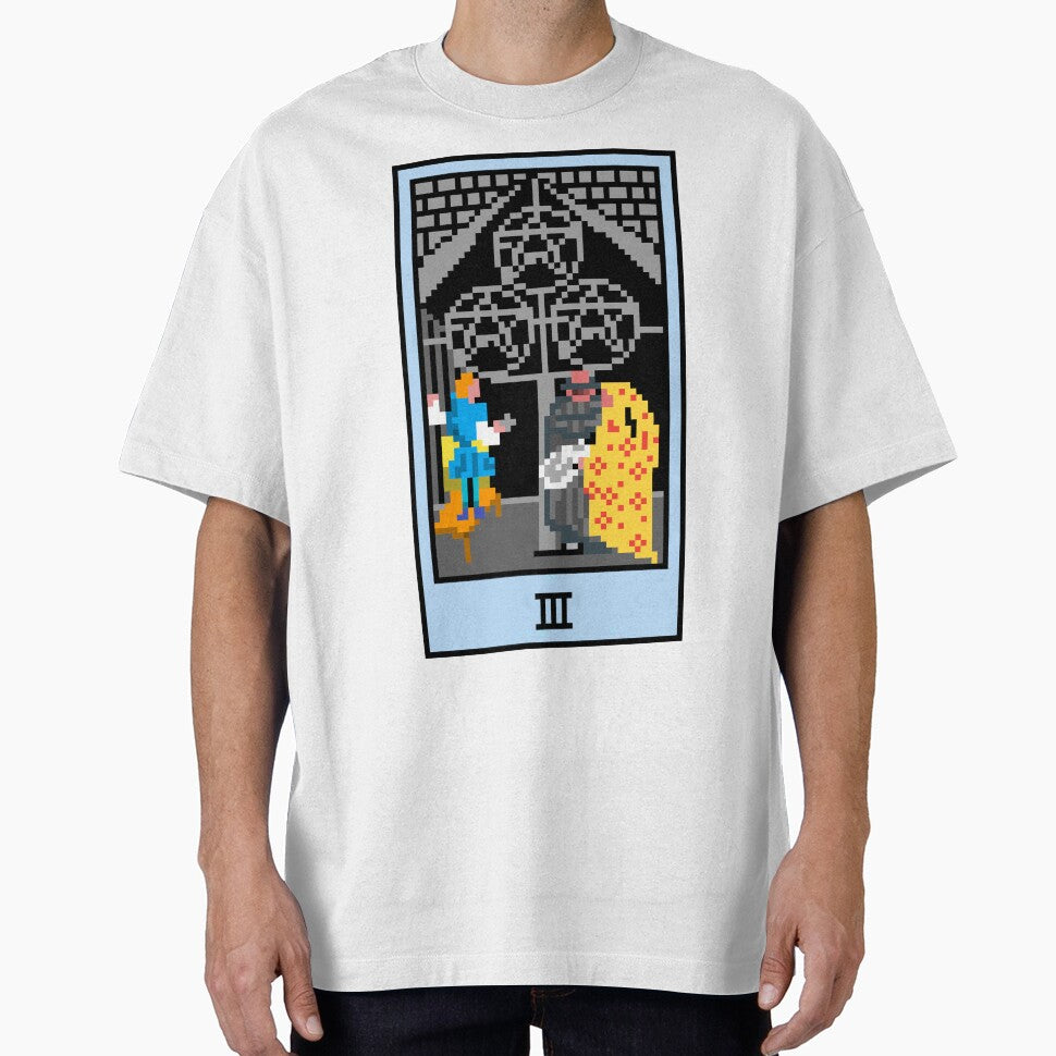 Wait, is this pixel art tarot? White - Minor Arcana 'Three of Pentacles' (Design for T-shirt, stickers and... (Image 1)