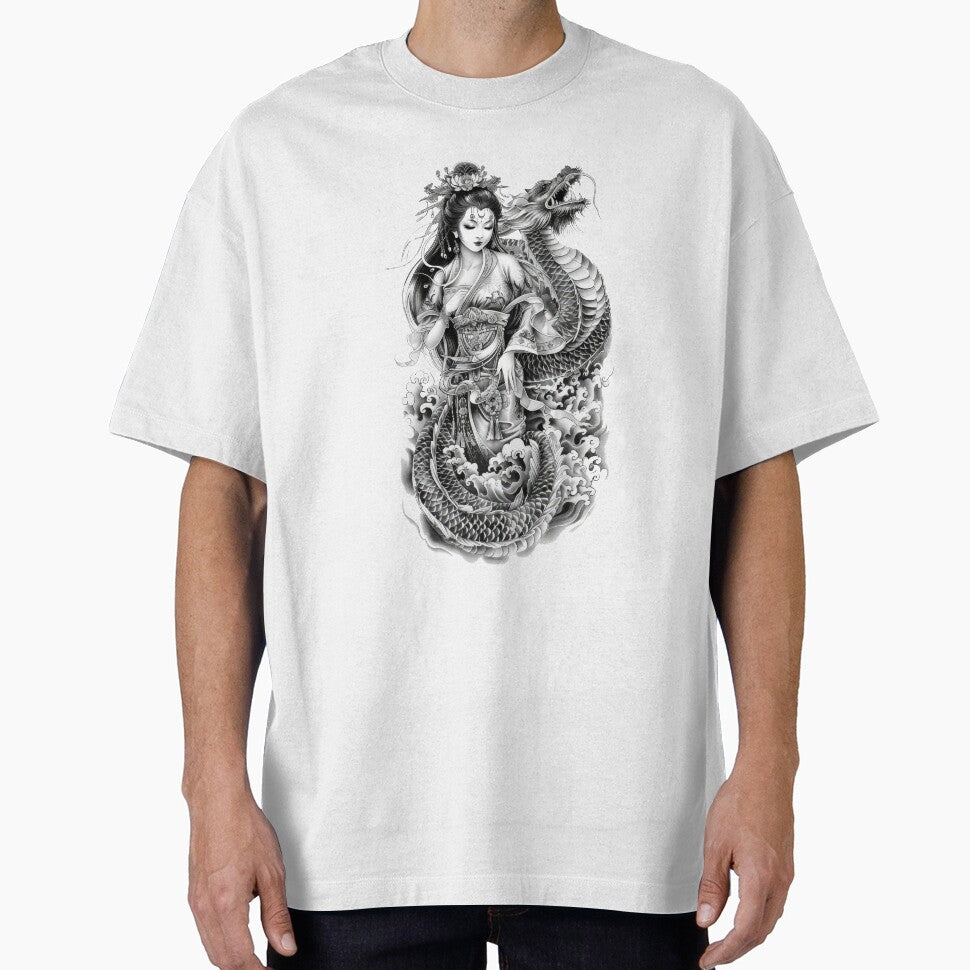 Japanese Woman And Dragon. Tattoo Style Art by Lucy Goosy Art T-Shirts, Hoodie, Sweatshirt | BlankRebels.com (Image 1)