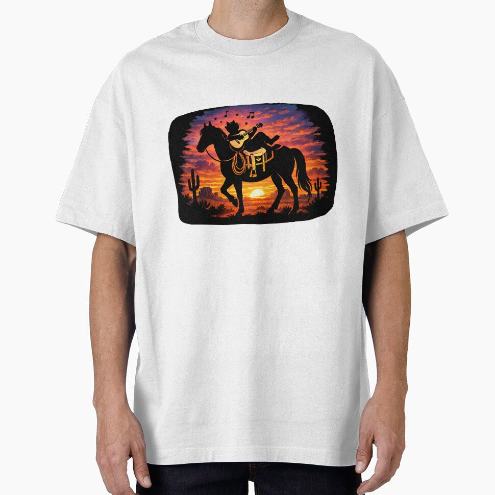 Cowboy Cat Playing Guitar Sunset – Western Desert Silhouette T-Shirts, Hoodie, Sweatshirt