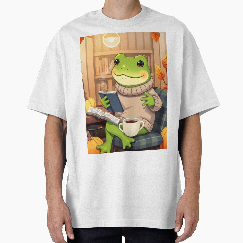 Wholesome Frog Reading T-Shirt | Cozy Autumn Animal Art | Cute Fall Tee by ArmaanArts Hoodie, Sweatshirt (Image 1)