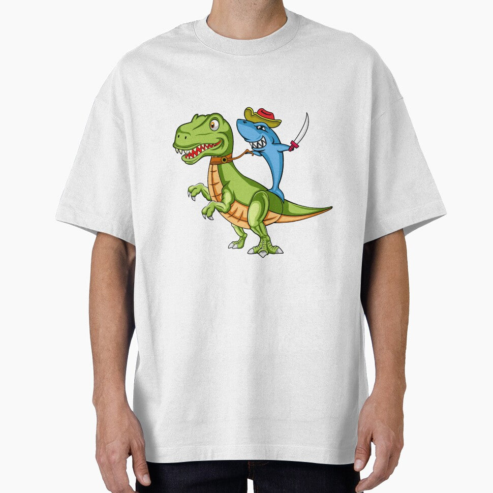Cute Pirate Shark Riding Dinosaur T-Rex in The Kawaii Style by CreativeCranium T-Shirts, Hoodie, Sweatshirt (Image 1)